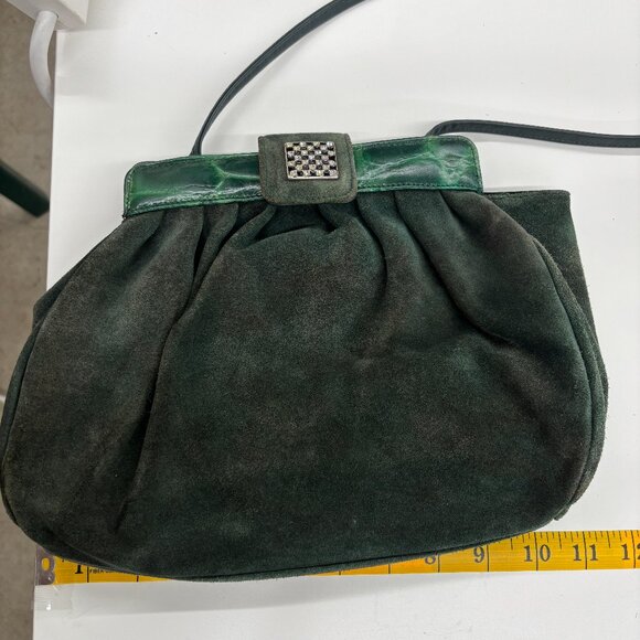Vintage Italian Suede Handbag – Emerald Green Accents & Checkered Clasp - Picture 7 of 9